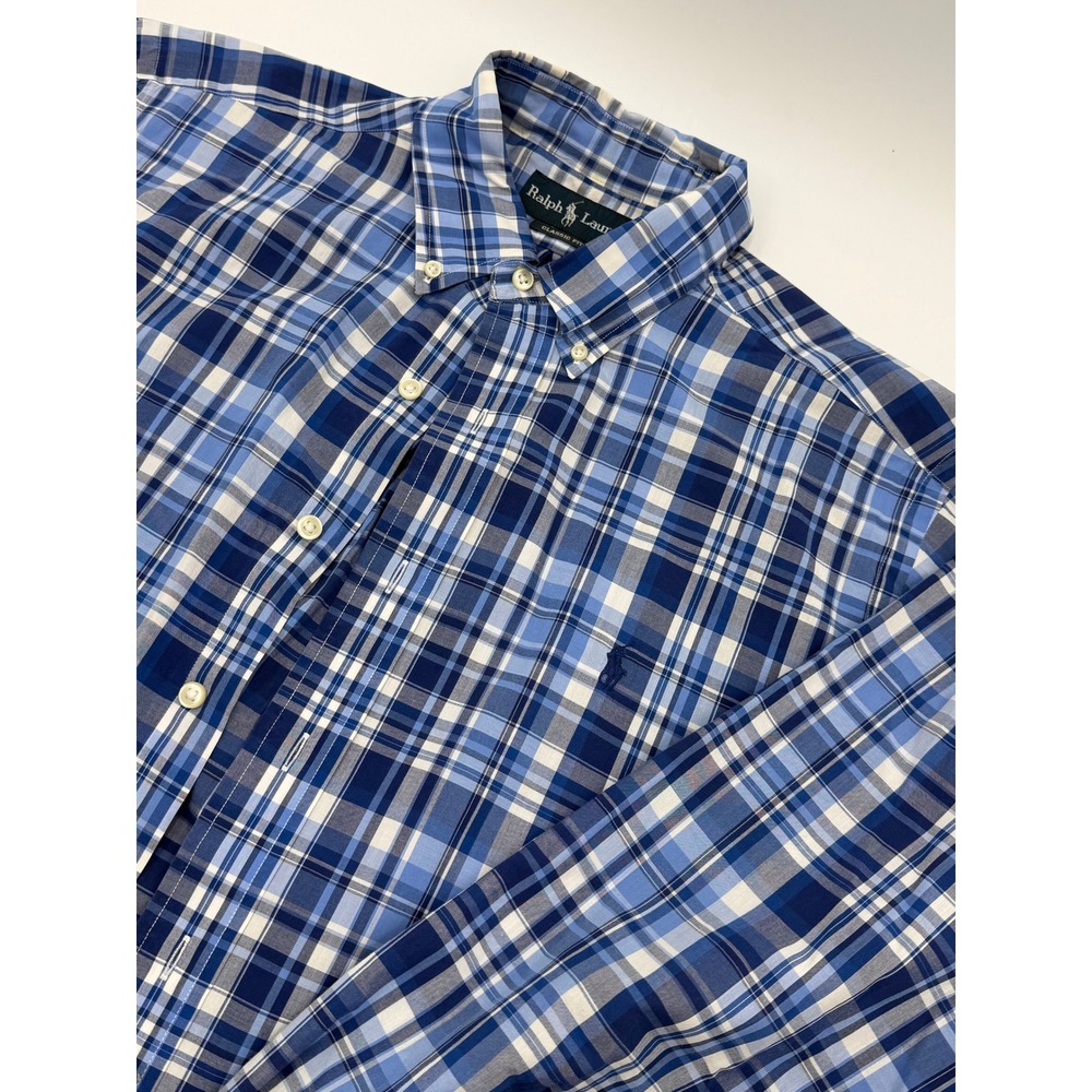 Ralph Lauren Classic Fit Blue Cotton Plaid Mens Button Down Shirt Preppy